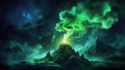 Fototapeta premium Emerald green smoke swirling against a dark black background.