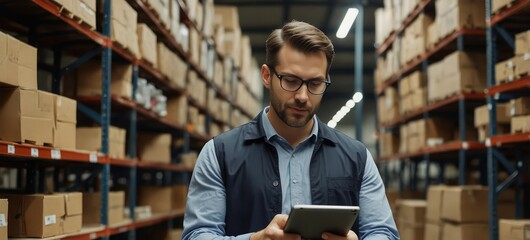 Warehouse manager using digital tablet checking goods and supplies on shelves