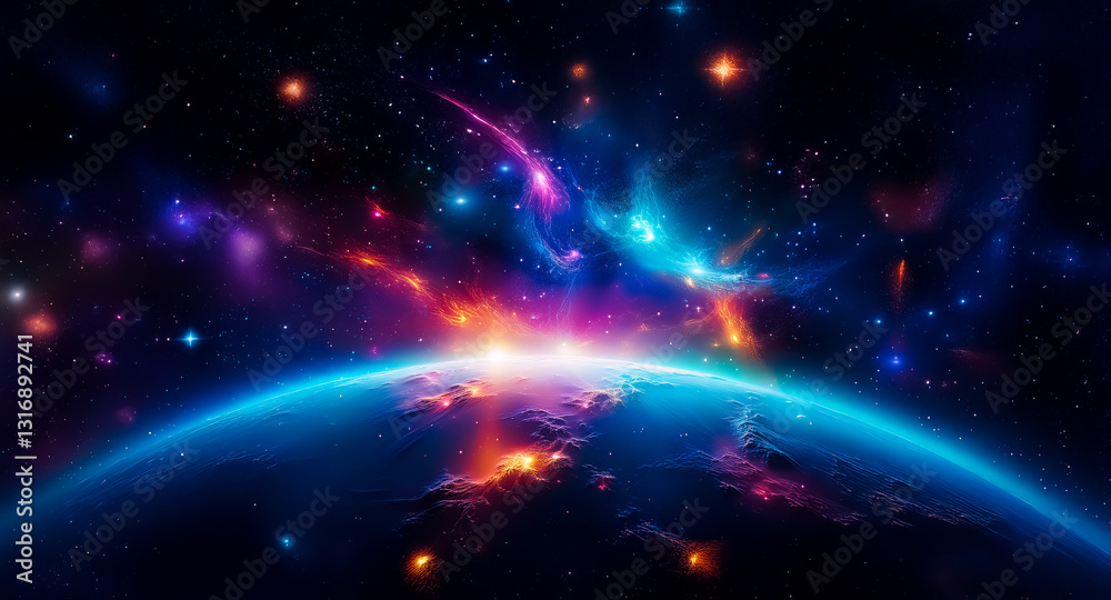 Poster vibrant space scene displays a planet emerging from cosmic dust and colorful nebula with bright ligh
