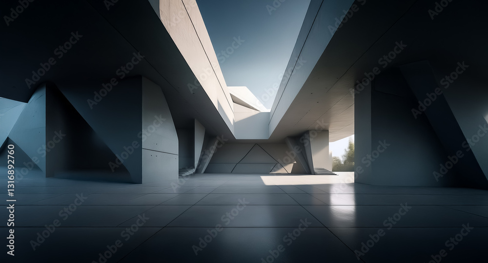 Aufkleber modern concrete architecture with geometric shapes under a bright sky. creates a sense of space and 