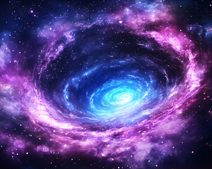 A swirling nebula in shades of purple and blue studded with stars  Cosmic dust and gas create a vibrant ethereal scen