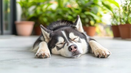 Fototapeta premium Lazy dog sleeping on the porch Concept, Husky Dog Relaxing in Shade on Concrete Porch Surrounded by Lush Greenery