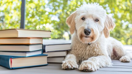 Lazy dog sleeping on the porch Concept, Sheepdog Relaxing on Shaded Porch Beside a Pile of Books in a Calm Natural Setting