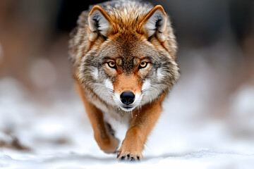Obraz premium A wolf walks towards the camera in snowy terrain Its fur is predominantly reddish-brown with hints of gray and white