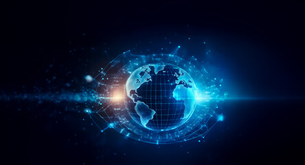 Obraz premium Glowing digital globe with interconnected lines and dots against a dark backdrop. Represents global connectivity and modern technology.