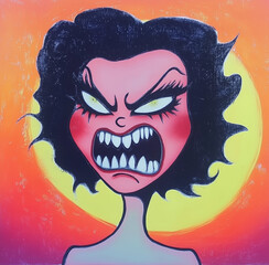 Angry cartoon woman with glowing yellow eyes and bared teeth on sunset background
