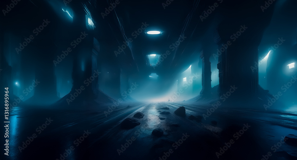 Leinwandbilder eerie dark tunnel with glowing blue lights illuminating the path. a mysterious and atmospheric scene