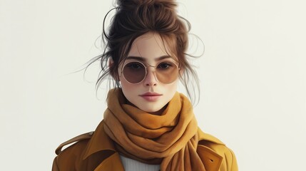 Trendy woman with sunglasses, mustard scarf, and trench coat in a minimalist fashion portrait.