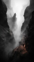 Lone traveler in a misty canyon surrounded by towering cliffs, a cinematic and mysterious landscape.