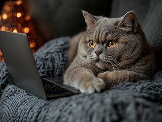 British Shorthair cat on a blanket staring at a laptop, a cozy and humorous scene of a tech-savvy pet.
