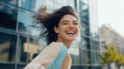 Happy young woman with wind-blown hair smiling in a cityscape with modern buildings.