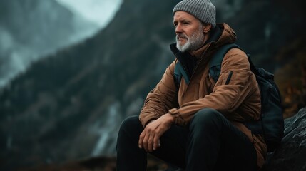 Mature man in hiking gear resting on a mountain trail, enjoying nature.