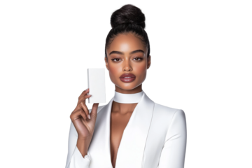 PNG Woman in a white suit holding a product box, isolated on transparent background