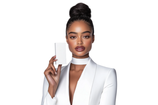 PNG Woman in a white suit holding a product box, isolated on transparent background