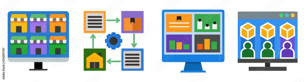 Poster visual representation of data processing flow and e-commerce interaction in digital systems