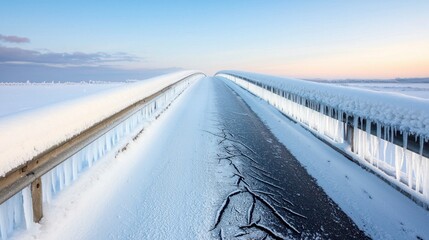 Obraz premium Cold Infrastructure Damage Concept, Highway Bridge Covered in Black Ice Beneath a Clear Sky with Icicles Along the Rails