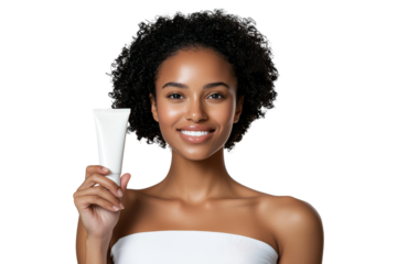 Happy woman holding a skincare product and smiling, isolated on transparent background