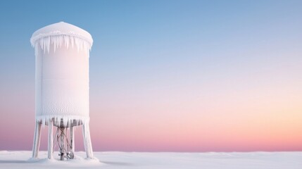 Obraz premium Cold Infrastructure Damage Concept, Frost Coated Water Tower with Visible Cracks Under Soft Light at Dusk in a Winter Landscape