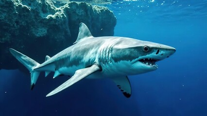 A shark swimming over a coral reef in the ocean. A close-up of a great white shark.   Large shark  Ready to attack its prey.
