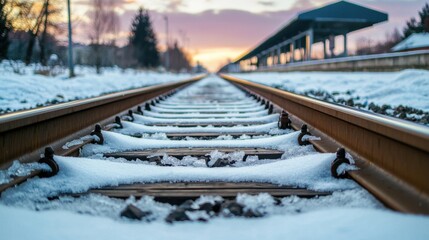 Fototapeta premium Cold Infrastructure Damage Concept, Frosted Railway Tracks Leading to a Snow-Filled Landscape at Sunset