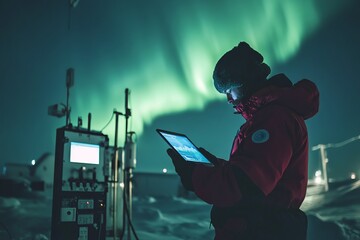 A solitary Arctic scientist examining data on a tablet while standing next to high-tech monitoring equipment, with auroras lighting up the night sky.Polar researchers.Arctic scientists.
