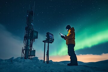 Polar researchers.Arctic scientists.A solitary Arctic scientist examining data on a tablet while standing next to high-tech monitoring equipment, with auroras lighting up the night sky