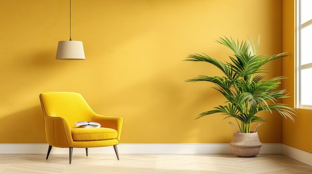 Interior de sala de estar con sill&oacute;n de tela amarilla.