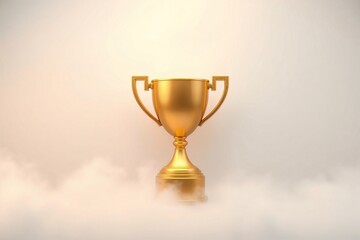 Golden trophy cup displayed in the middle of a light background with a smoke effect.