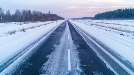 Obraz premium Winter Frozen Roads Concept, Serene Highway Covered in Black Ice with Faint Reflections Under a Soft Winter Sky