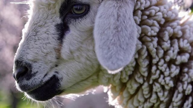 Adorable white lamb gazing directly at camera, standing in lush springtime meadow with blooming pink trees softly framing pastoral landscape
