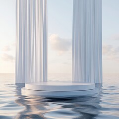 Minimalist, floating, circular podium, serene ocean backdrop, soft white drapes