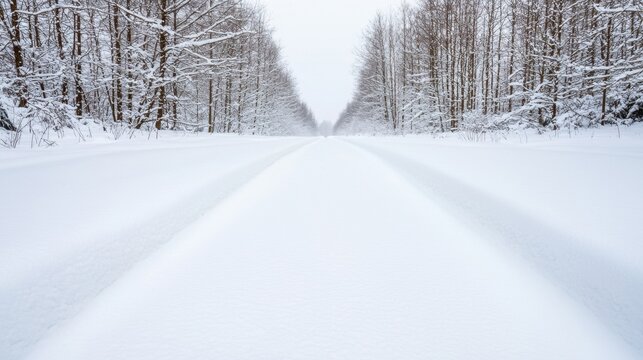 Winter Frozen Roads Concept, Serene Rural Pathway Layered with Fresh Snow Leading to a Frost-Covered Forest in Winter Wonderland
