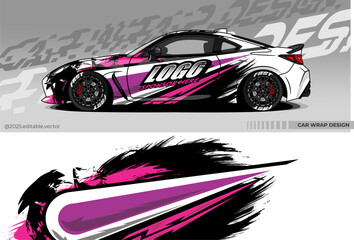 Car wrap design vector. Car livery abstract decal with white, black, purple, pink colour. Sticker Vinyl template. Suitable for racing, rally, drfit, sport car, truck, or daily use car