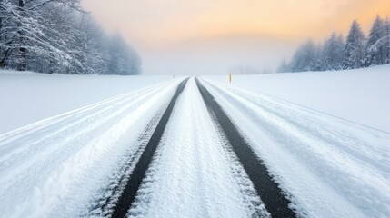 Fototapeta premium Winter Frozen Roads Concept, Snow-Covered Road Stretching into the Foggy Horizon in a Tranquil Winter Landscape