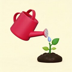 Red Watering Can Nurturing a Young Plant: A Playful 3D Render