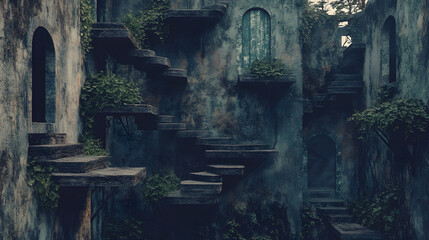 Mysterious Abandoned Stairway in a Weathered Ruin