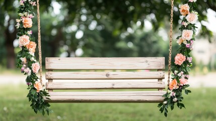 Midsummer Festival Concept, Rustic Wooden Swing Adorned with Flower Garlands for Outdoor Decor and Event Styling