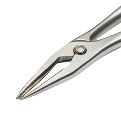 Obraz premium Precision Grip: A high-angle, isolated close-up showcases a shiny, brand new, metal pair of long nose pliers, ideal for detailed work, embodying the essence of craftsmanship and accuracy