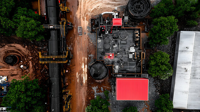 Aerial view of an industrial facility with various components and structures - Powered by Adobe