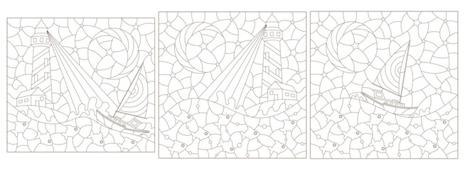 Obraz premium Set of contour illustrations in the style of a stained glass window with a seascape, a lighthouse and a boat