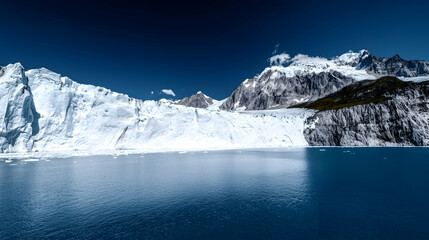 A vast glacial landscape featuring mountains and a serene lake