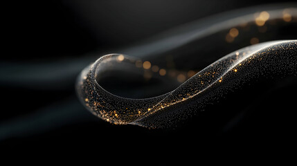 A flowing abstract dark ribbon illuminated with light particles