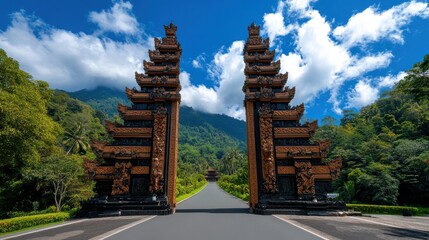 Majestic Balinese Temple Gateway Surrounded by Lush Tropical Landscape Under a Bright Blue Sky