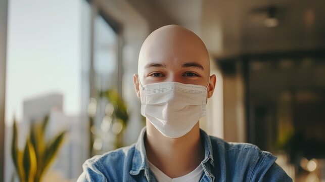 bald man wearing a face mask radiating confidence and positivity, World Cancer Day - Powered by Adobe