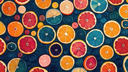 Vibrant citrus fruit pattern with sliced lemons, oranges, and grapefruits