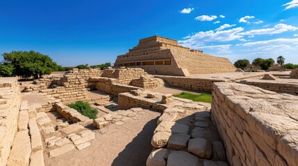 Obraz premium Ancient Pyramid Structure Surrounded by Ruins and Greenery under Bright Blue Sky