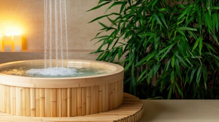 Bathtub Overflow Water Concept, Serene Circular Wooden Bathtub Surrounded by Bamboo in a Relaxing Spa Environment with Soft Lighting