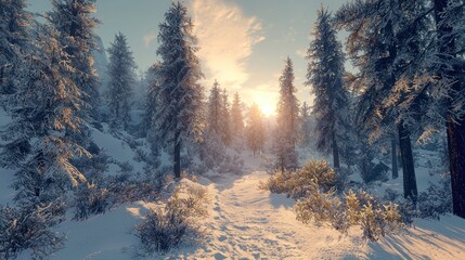 Sunlit snowy path through a winter forest. (2)