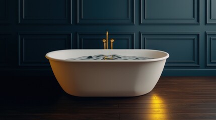 Bathtub Overflow Water Concept, Elegant Oval Bathtub Overflowing with Water in a Luxurious Spa-Like Setting with Dark Wall Panels
