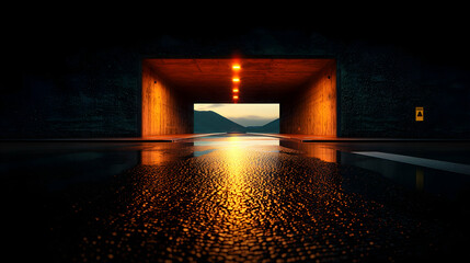A dark concrete tunnel with bright lights and a view